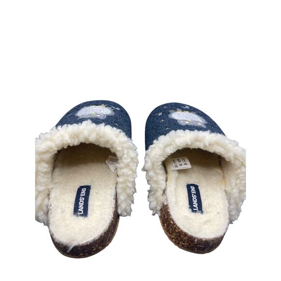 Lands End Womens 7 B Scuff Slippers Owls Felt Slip On Slides Clog Navy Sherpa - Picture 5 of 7